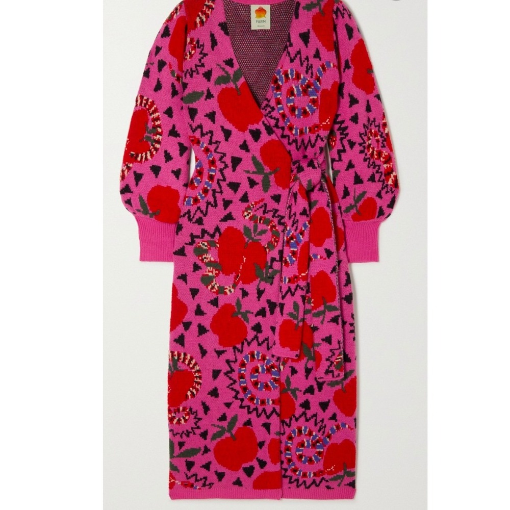 FARM Rio Pink Snake Fruit Intarsia Knit Wrap Midi Sweater Dress Small